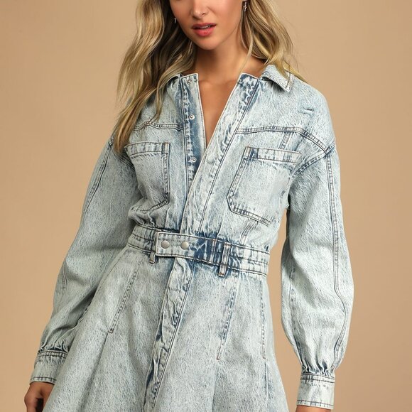 Free People Light Blue Denim Mini Dress - Picture 2 of 5